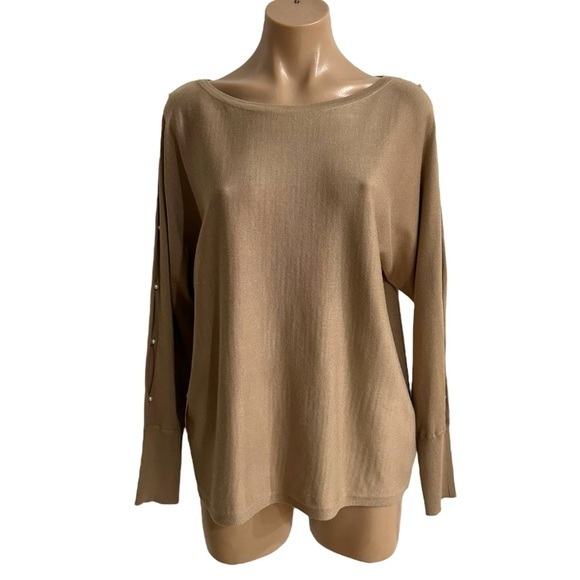 CABLE & GAUGE CAMEL BROWN PEARL SLEEVE PEEKABOO KNIT TOP SWEATER SZ L - Picture 1 of 3